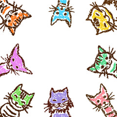 Banner or frame with funny colorful cats. Wax crayon like child`s hand drawn cute kittens. Pastel chalk or pencil kids line art stroke cartoon smiling kitty. Vector artistic doodle simple pets