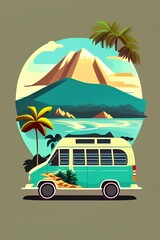 A classic minivan with a tropical mountain landscape. Travel, summer, vacation concept. Vector flat style illustration - generative ai
