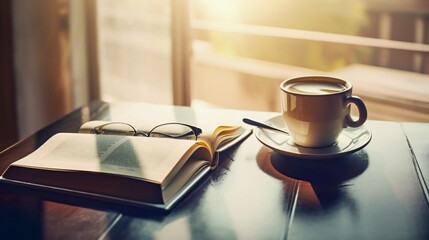 A cup of coffee with a book on the table. Generative AI