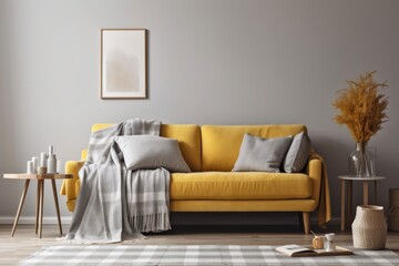 Gray couch, yellow cushion, and plaid on empty beige wall mockup for living room design. Generative AI