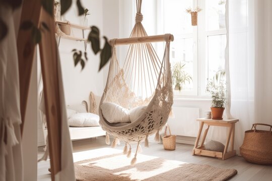 linen textile swing cradle for newborn baby decor toys for children's room interior bohemian style scandinavian comfort. Generative AI