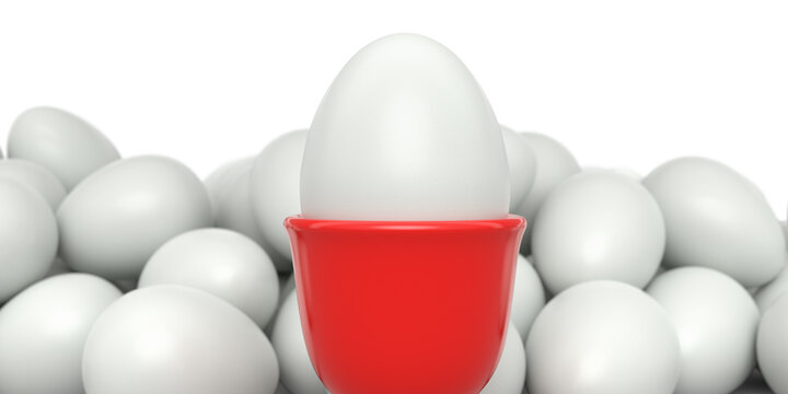 Farm white painted egg in ceramic egg cup and crowd of eggs on white background