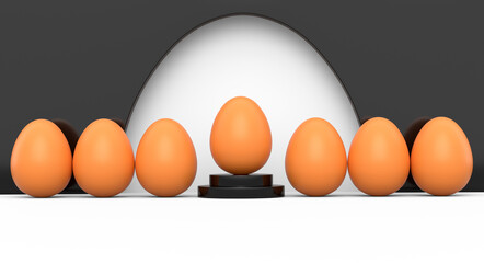 Farm brown egg on podium and crowd of eggs standing in line on white background