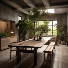 dining room with table and chairs luxury wabi sabi modern, plants, low light  