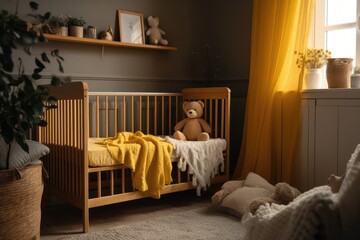 A crib with a yellow blanket between a low cabinet with a teddy bear and a light in a baby nursery. Generative AI