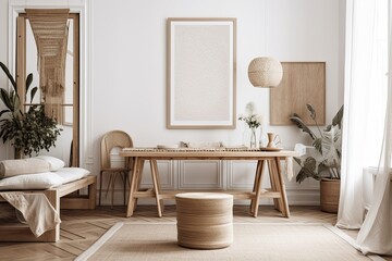 Scandi Boho mockup frame in white room with natural wooden furnishings. Generative AI