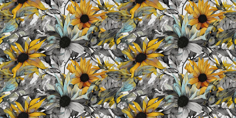 Rudbeckia repeating pattern background, tropical leaves, abstract art design – created with generative AI