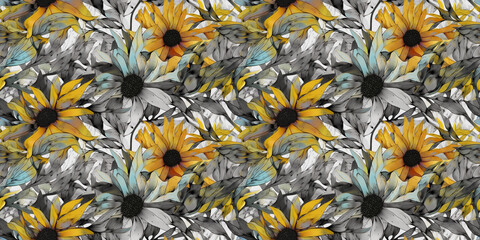 Rudbeckia repeating pattern background, tropical leaves, abstract art design – created with generative AI