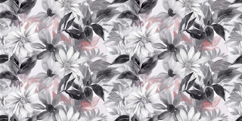 Grey and pink repeating pattern background, tropical leaves, abstract art design – created with generative AI