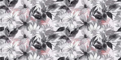 Grey and pink repeating pattern background, tropical leaves, abstract art design – created with generative AI