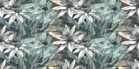 Rudbeckia repeating pattern background, tropical leaves, abstract art design – created with generative AI