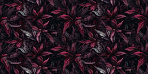 Crimson repeating pattern background, tropical leaves, abstract art design – created with generative AI