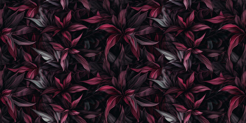 Crimson repeating pattern background, tropical leaves, abstract art design – created with generative AI