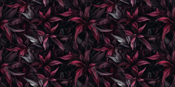 Crimson repeating pattern background, tropical leaves, abstract art design &ndash; created with generative AI