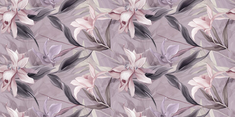 Laelia and Rosa repeating pattern background, tropical leaves, abstract art design – created with generative AI