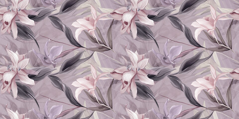 Laelia and Rosa repeating pattern background, tropical leaves, abstract art design – created with generative AI