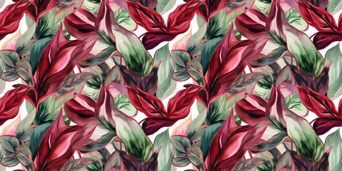Repeating pattern background, tropical leaves, abstract art design, crimson – created with generative AI