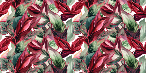 Repeating pattern background, tropical leaves, abstract art design, crimson – created with generative AI