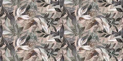 Repeating pattern background, tropical leaves, abstract art design, taupe – created with generative AI