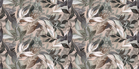 Repeating pattern background, tropical leaves, abstract art design, taupe – created with generative AI