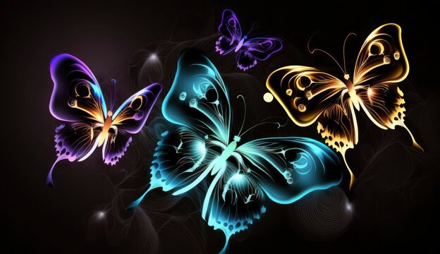 Night glowing butterflies on dark abstract background, Generate Ai