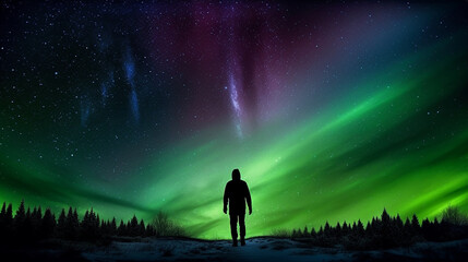 Fototapeta na wymiar silhouette of a person in a forest, Man walking away. northern lights galaxies surreal. Generative Ai