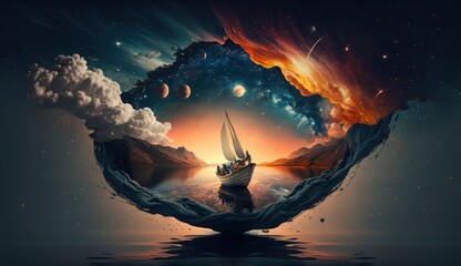 surreal scenery of the man on a boat in the outer space with stars and clouds in night and sunset time, digital art style, illustration painting, Generate Ai