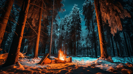 A bright bonfire in a snowy forest at night, winter. Generative Ai