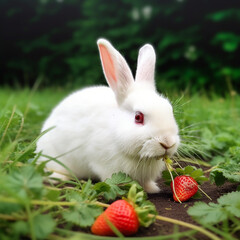 a cute white bunny eating strawberries in the garden with green grass background. Generative Ai