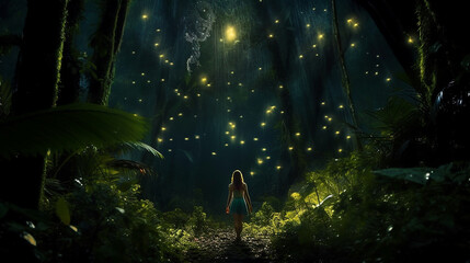 girl in the night, a peculiar woman from one of the planets in the galaxy walks into a beautiful and dazzling rainforest at night. Generative Ai
