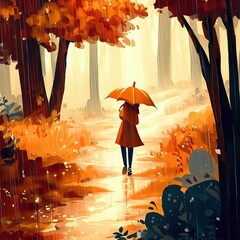 A girl walks through the autumn forest in the rain