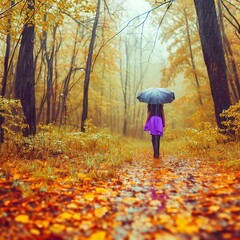 A girl walks through the autumn forest in the rain