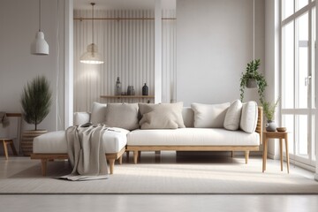 White walled living room with couch and décor. Generative AI