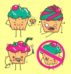 Set of cupcakes with different emotions, cupcakes stickers, vector illustration on yellow background