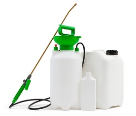 Fototapeta premium Cleaning and disinfection tools kit, isolated on white background with clipping path. Manual pump sprayer nebulizer and jerry can to destroy bacteria housekeeping and pesticides for gardening Plants
