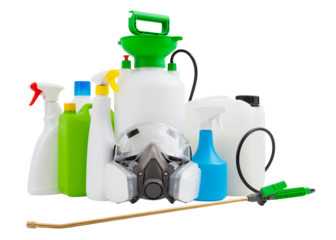 Cleaning and disinfection tools kit, isolated on white background. Protective respirator mask, manual pump nebulizer and jerry can to destroy bacteria housekeeping and pesticides for gardening Plants