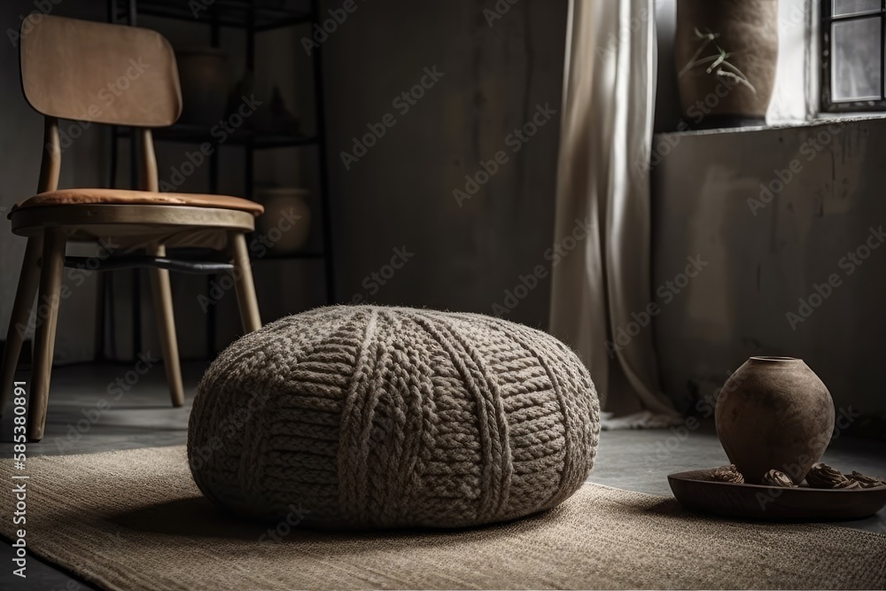 Wall mural Grey concrete floor, natural straw pouf cushion chair. Focus. Minimalist loft coffee shop, restaurant, house decor. Generative AI