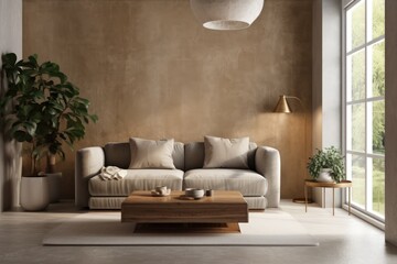 Modern living room interior wall mockup in warm neutrals with furniture contemporary comfy style décor on empty concrete wall backdrop. Generative AI