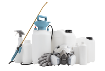 Cleaning and disinfection tools kit, isolated on white background. Protective respirator mask, manual pump nebulizer and jerry can to destroy bacteria housekeeping and pesticides for gardening Plants