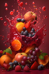Fototapeta na wymiar Levitation mix sweet fruits and berries with drops of juice water splash, isolated on red background, organic healthy fruit, flying food. Splash of juice, AI generative
