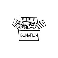 Donation box with drugs black line icon. Pictogram for web page