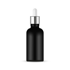 Black Dropper Bottle Mockup With Metal Cap, Isolated on White Background. Vector Illustration