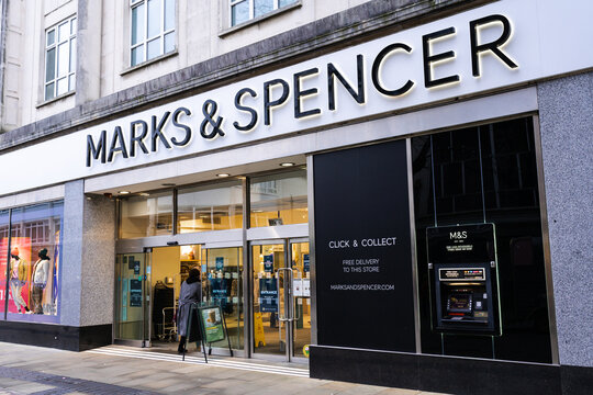 Marks And Spencer Shop Front With Brand Logo. Swansea, Wales, UK - January 16, 2022