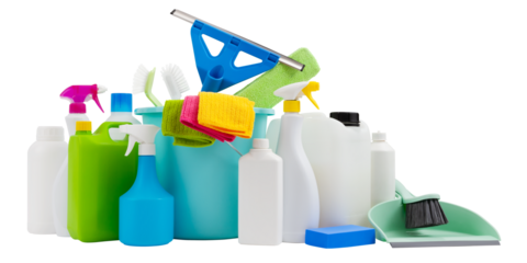 Housekeeping products, cleaning and disinfection tools kit, isolated on white background. Group with Bucket, window squeegee, spray bottles, jerry cans, detergents, sponges, dustpan and little broom