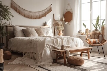 Side view of wonderful bedroom with plaid and pillows on comfy bed, home décor, and cushions on soft armchair in white boho interior design. Generative AI