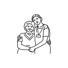 Volunteer nurse hugs an old woman black line icon. Pictogram for web page