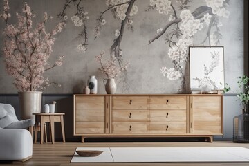 White and gray Japanese living room. Wooden dresser with wall mockup. Wallpaper, parquet. Interior design, panorama,. Generative AI