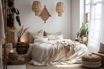 Vertical photo of boho bedroom with double bed, lights, pillows, and plant. Nobody. Generative AI