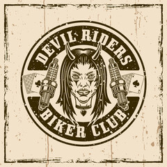 Biker club vector round emblem, logo, badge, label, sticker or print with devil girl head and spark plugs. Illustration on background with grunge textures