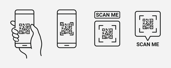 QR code scan icon with smartphone, scan me barcode sign, Vector illustration eps 10 icon set. - obrazy, fototapety, plakaty